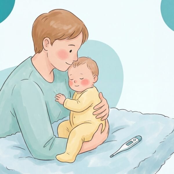 Kindergesundheit Illustration eines Vaters der sein Baby mit Fieber im Arm hält und die Stirn fühlt – Elternratgeber Fieber beim Baby von DeinGesundesKind.ch