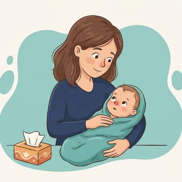 Kindergesundheit Illustration einer Mutter die ihr erkältetes Baby in eine Decke gewickelt hält, daneben eine Taschentuchbox – Elternratgeber Erkältung beim Baby von DeinGesundesKind.ch