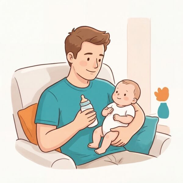 Kindergesundheit Illustration eines Vaters der seinem Baby das Fläschchen gibt: Ratgeber für Väter – DeinGesundesKind.ch