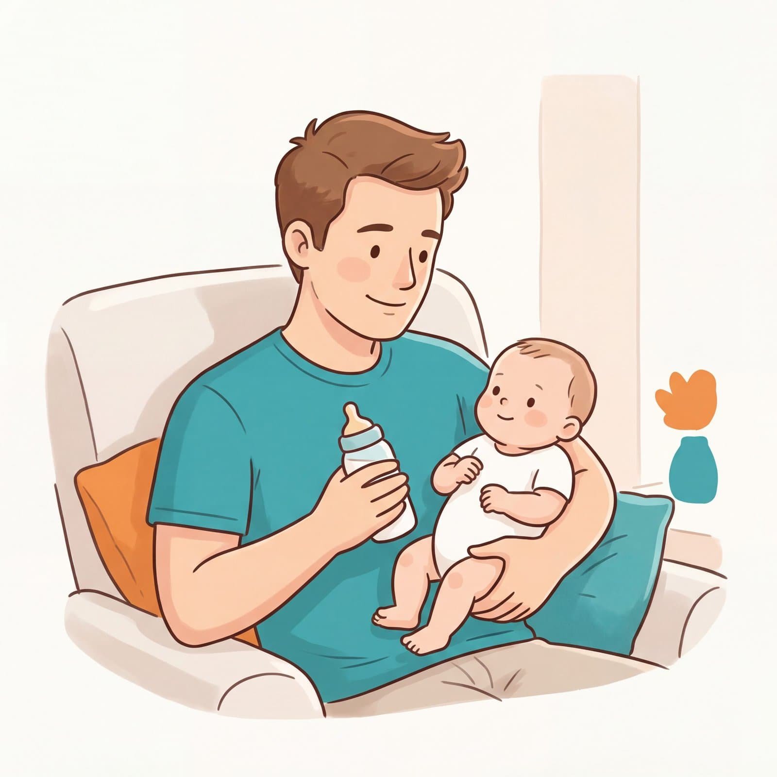 Illustration eines Vaters der seinem Baby das Fläschchen gibt: Ratgeber für Väter – DeinGesundesKind.ch