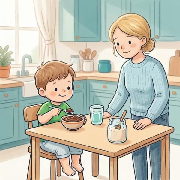 Kindergesundheit Illustration eines Kindes das Joghurt mit Flohsamenschalen isst: Ratgeber Flohsamenschalen für Kinder – DeinGesundesKind.ch