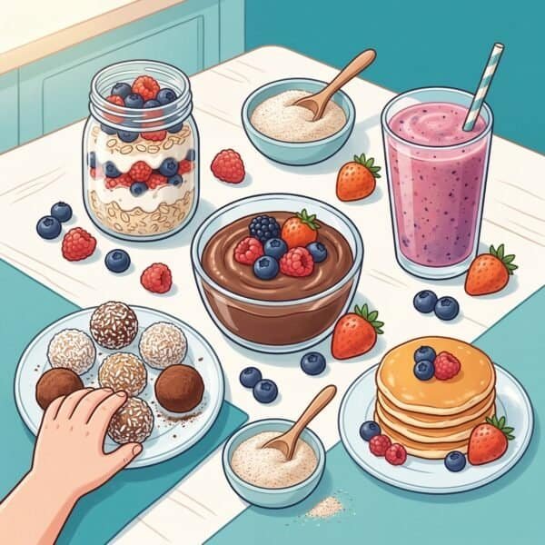 Kindergesundheit Illustration von kindgerechten Rezepten mit Flohsamenschalen: Schoko-Pudding, Overnight Oats und Energiebällchen – DeinGesundesKind.ch