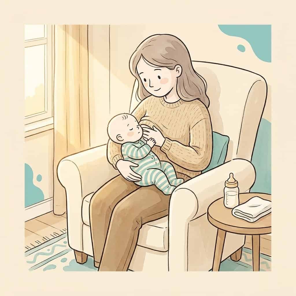 Illustration: Mutter beim sanften Übergang vom Stillen zum Fläschchen
