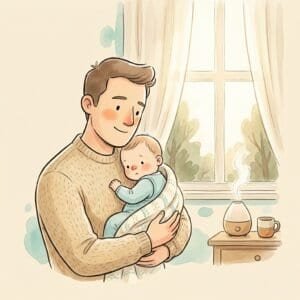 Illustration: Vater hält erkältetes Baby liebevoll im Arm