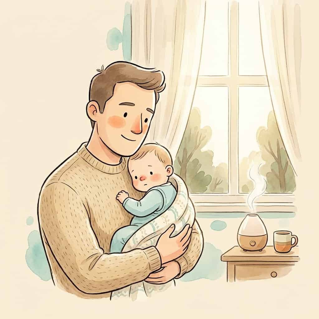 Illustration: Vater hält erkältetes Baby liebevoll im Arm
