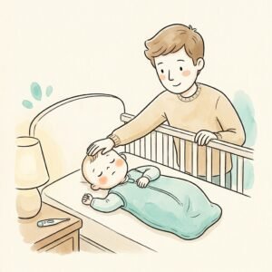 Illustration: Mutter prüft Fieber beim schlafenden Baby