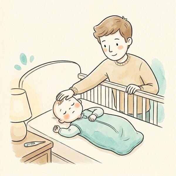Illustration: Mutter prüft Fieber beim schlafenden Baby