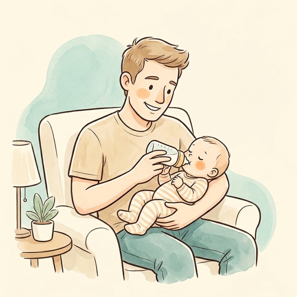 Illustration: Vater gibt Baby ein Fläschchen – Papa-Guide vom Kinderarzt