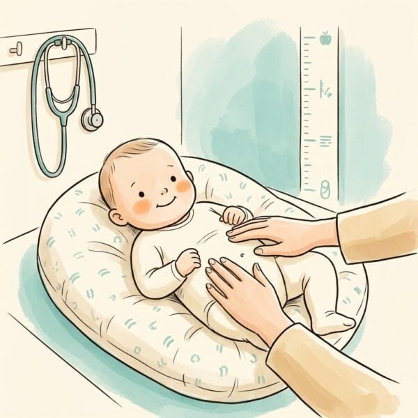 Illustration: Vorsorge 1 Monat – Babyuntersuchung in der Kinderarztpraxis