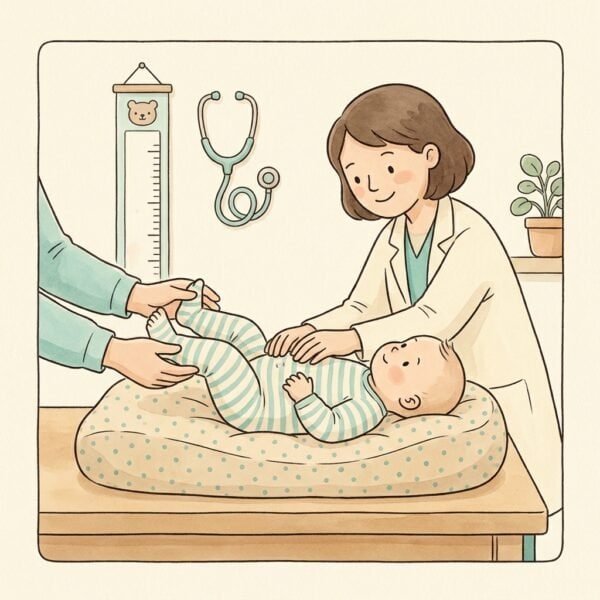 Illustration: Vorsorge 1 Woche – Kinderarzt mit Neugeborenem